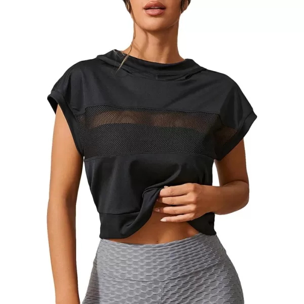 SweatyRocks Women's Fishnet Mesh Short Sleeve Hoodie Casual Solid Sports Workout Sweatshirts Pullover Tops