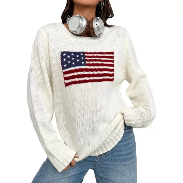 SweatyRocks Women's Flag Pattern Long Sleeve Round Neck Sweater Casual Loose Pullover Sweater