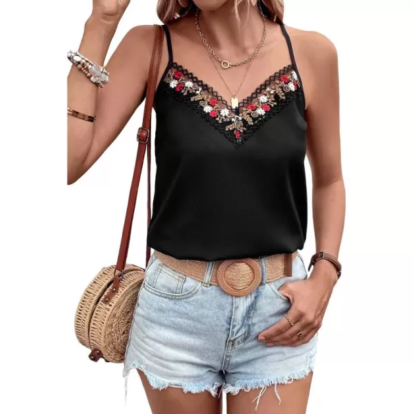 SweatyRocks Women's Floral Embroidery V Neck Cami Top Sleeveless Spaghetti Strap Tank Top