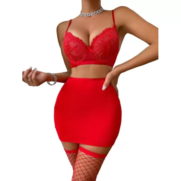 SweatyRocks Women's Floral Lace Lingerie Set Spaghetti Strap Underwire Bra and Lace Up Skirts with Stocking