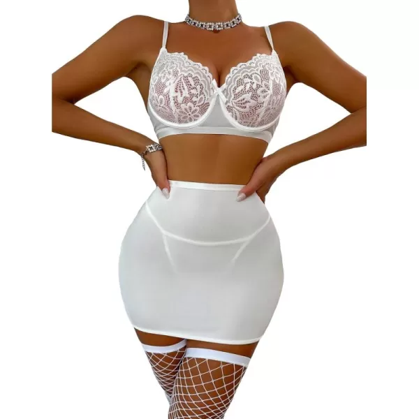 SweatyRocks Women's Floral Lace Lingerie Set Spaghetti Strap Underwire Bra and Lace Up Skirts with Stocking