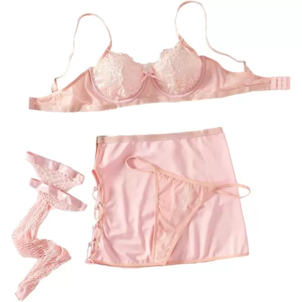 SweatyRocks Women's Floral Lace Lingerie Set Spaghetti Strap Underwire Bra and Lace Up Skirts with Stocking