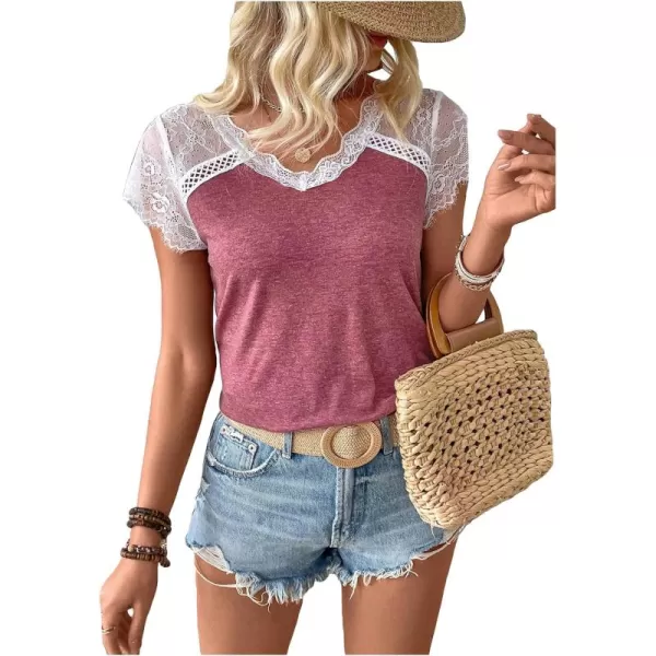 SweatyRocks Women's Floral Lace Short Sleeve Raglan Top Casual V Neck Pullover Plain Tee Shirt