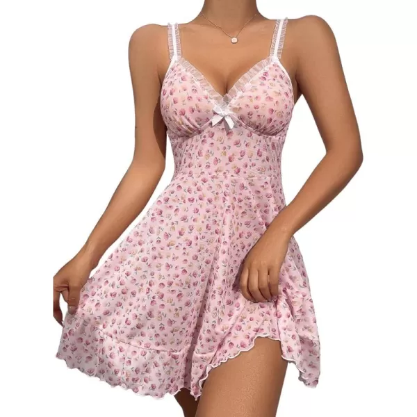 SweatyRocks Women's Floral Print Lace Trim Night Dress V Neck Bow Front Cami Nightgown
