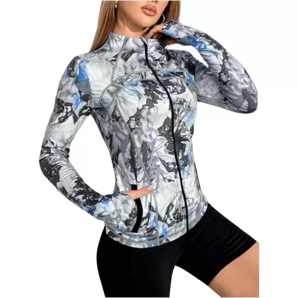 SweatyRocks Women's Floral Print Long Sleeve Zip Up Workout Jacket High Neck Pocket Sport Jacket with Thumbholes