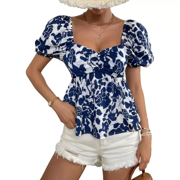 SweatyRocks Women's Floral Print Short Puff Sleeve Peplum Blouse Ruched Sweetheart Neck Shirt Tops