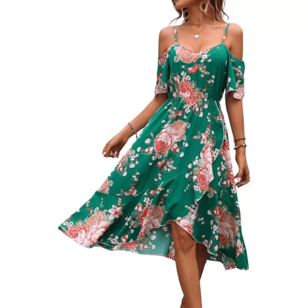 SweatyRocks Women's Floral Print Short Sleeve Cold Shoulder Dress Asymmetrical High Low Ruffle Midi Dresses