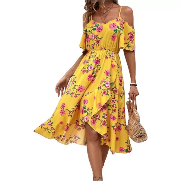 SweatyRocks Women's Floral Print Short Sleeve Cold Shoulder Dress Asymmetrical High Low Ruffle Midi Dresses