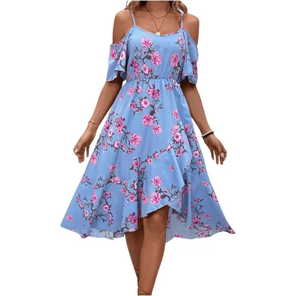 SweatyRocks Women's Floral Print Short Sleeve Cold Shoulder Dress Asymmetrical High Low Ruffle Midi Dresses