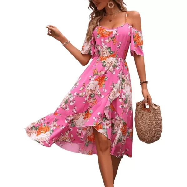 SweatyRocks Women's Floral Print Short Sleeve Cold Shoulder Dress Asymmetrical High Low Ruffle Midi Dresses