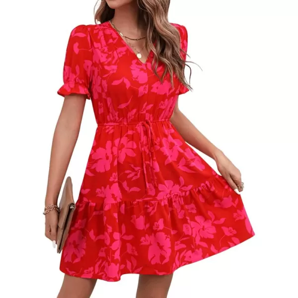 SweatyRocks Women's Floral Print V Neck Dress Short Puff Sleeve Tie Front Ruffle Hem Flare Short Dress