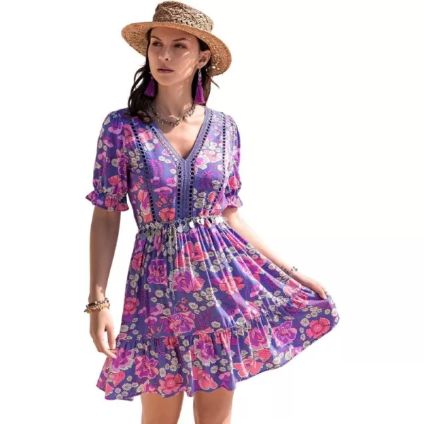 SweatyRocks Women's Floral Print V Neck Dress Short Puff Sleeve Tie Front Ruffle Hem Flare Short Dress