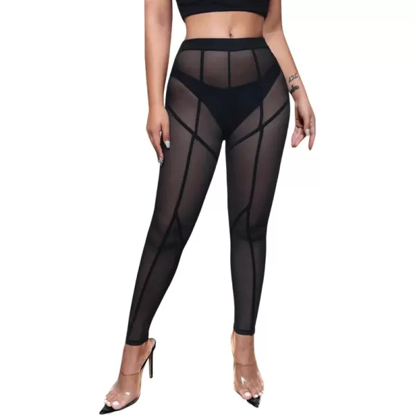 SweatyRocks Women's Floral Sheer Mesh Leggings Stretchy High Waist Pants