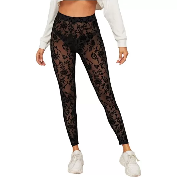 SweatyRocks Women's Floral Sheer Mesh Leggings Stretchy High Waist Pants