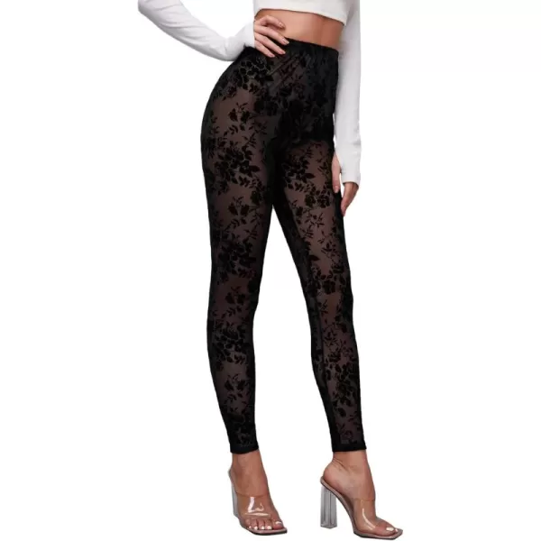 SweatyRocks Women's Floral Sheer Mesh Leggings Stretchy High Waist Pants