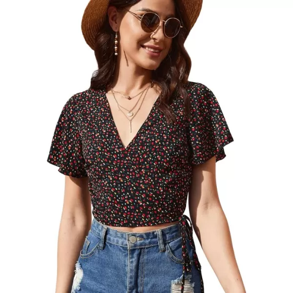 SweatyRocks Women's Floral Short Sleeve Deep V Wrap Shirred Crop Tops Blouse
