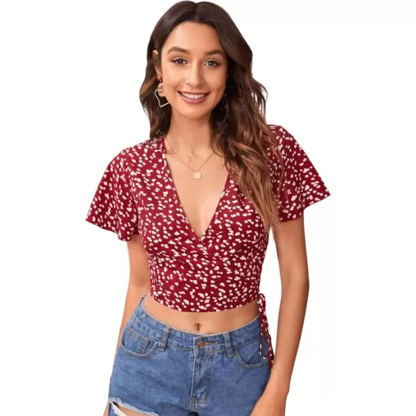 SweatyRocks Women's Floral Short Sleeve Deep V Wrap Shirred Crop Tops Blouse