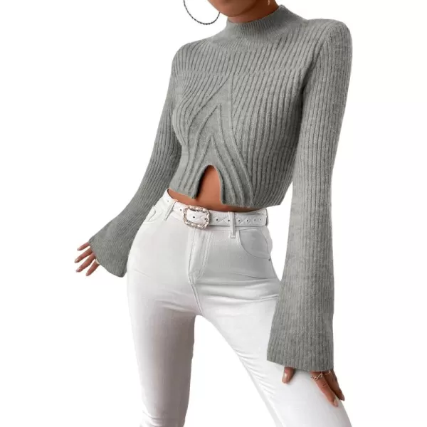 SweatyRocks Women's Flounce Long Sleeve Mock Neck Pullover Sweater Split Hem Knitted Crop Top