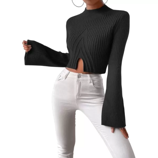 SweatyRocks Women's Flounce Long Sleeve Mock Neck Pullover Sweater Split Hem Knitted Crop Top