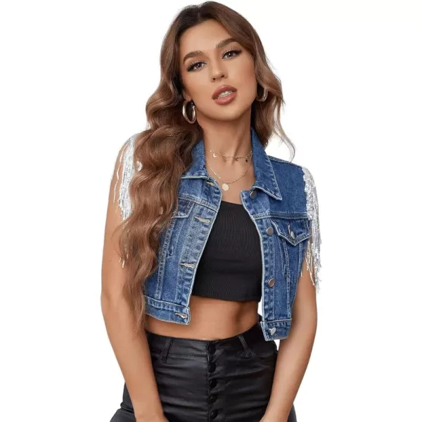SweatyRocks Women's Fringe Button Down Crop Denim Jacket Sleeveless Collared Jean Coats