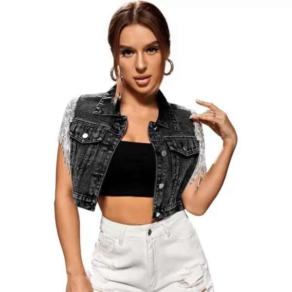 SweatyRocks Women's Fringe Button Down Crop Denim Jacket Sleeveless Collared Jean Coats