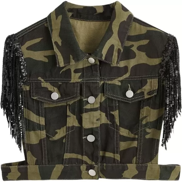 SweatyRocks Women's Fringe Button Down Crop Denim Jacket Sleeveless Collared Jean Coats
