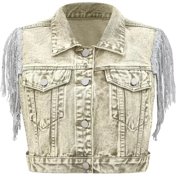 SweatyRocks Women's Fringe Button Down Crop Denim Jacket Sleeveless Collared Jean Coats