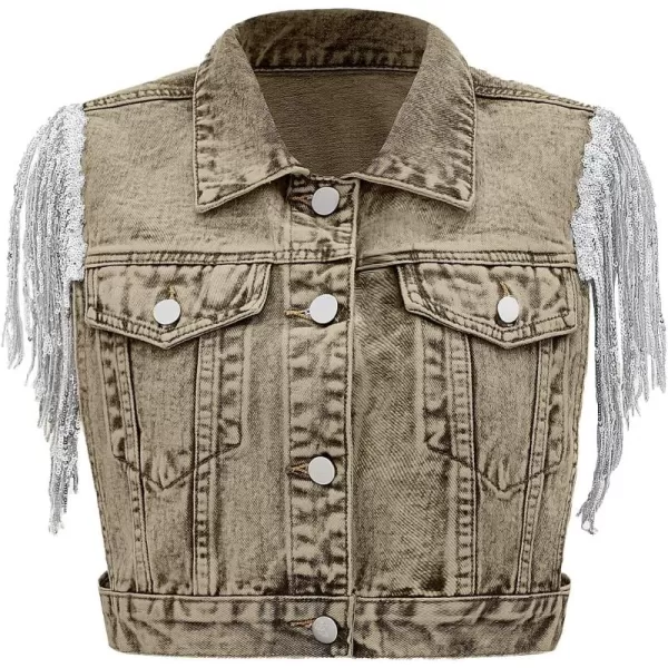 SweatyRocks Women's Fringe Button Down Crop Denim Jacket Sleeveless Collared Jean Coats