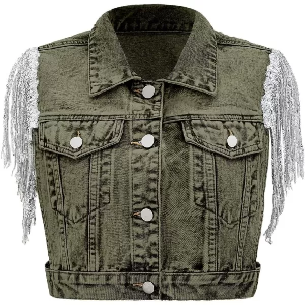 SweatyRocks Women's Fringe Button Down Crop Denim Jacket Sleeveless Collared Jean Coats