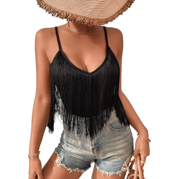 SweatyRocks Women's Fringe Sleeveless Boho Tassel Tank Top Slim Fit Cami Halter Tops
