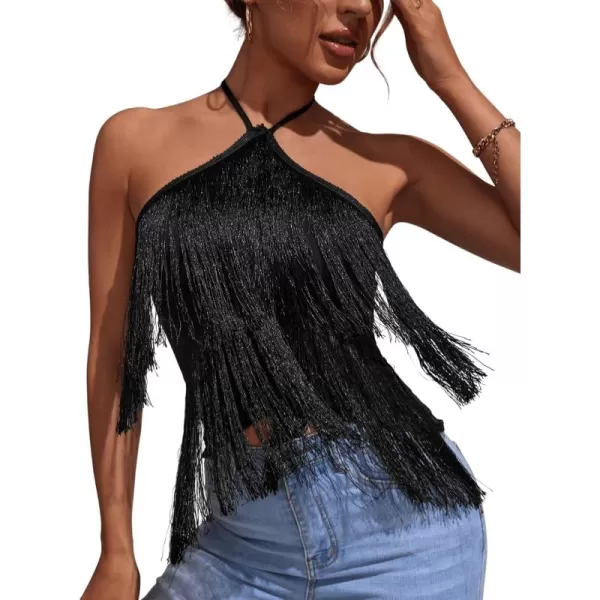 SweatyRocks Women's Fringe Sleeveless Boho Tassel Tank Top Slim Fit Cami Halter Tops