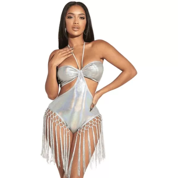 SweatyRocks Women's Fringe V Neck Sleeveless Tassel Bodysuit Skinny Cami Bodysuits Jumpsuit