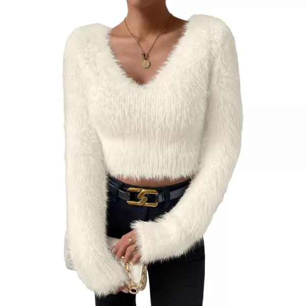 SweatyRocks Women's Fuzzy Fleece Long Sleeve V Neck Crop Sweater Casual Plain Slim Fit Warm Knitwear Sweater Tops