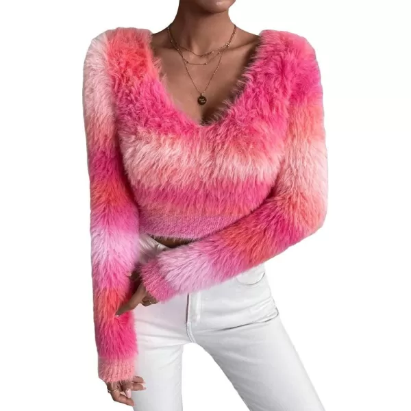 SweatyRocks Women's Fuzzy Fleece Long Sleeve V Neck Crop Sweater Casual Plain Slim Fit Warm Knitwear Sweater Tops
