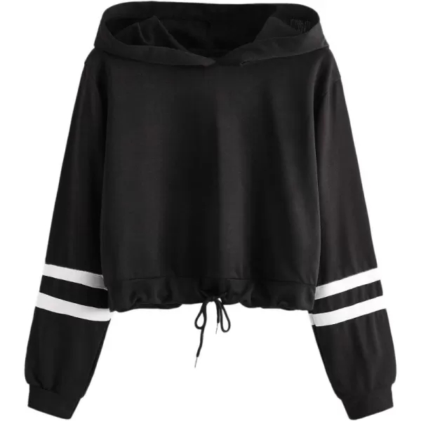 SweatyRocks Women's Graphic Printed Drawstring Hem Hoodies Striped Long Sleeve Crop Sweatshirt Hoodies