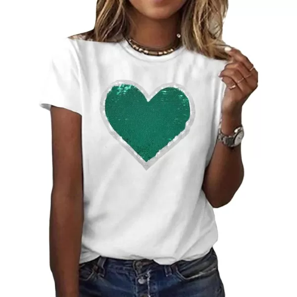 SweatyRocks Women's Heart Print Glitter Sequin T Shirts Casual Round Neck Short Sleeve Tee Tops