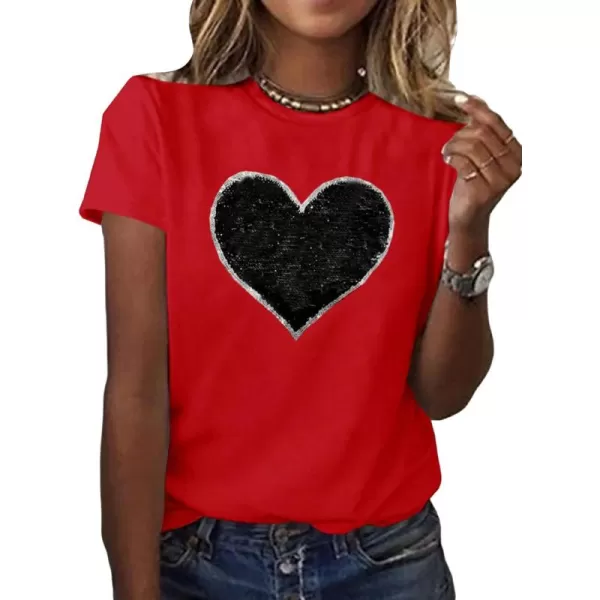 SweatyRocks Women's Heart Print Glitter Sequin T Shirts Casual Round Neck Short Sleeve Tee Tops