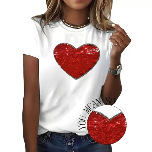 SweatyRocks Women's Heart Print Glitter Sequin T Shirts Casual Round Neck Short Sleeve Tee Tops