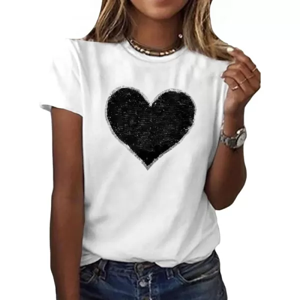 SweatyRocks Women's Heart Print Glitter Sequin T Shirts Casual Round Neck Short Sleeve Tee Tops