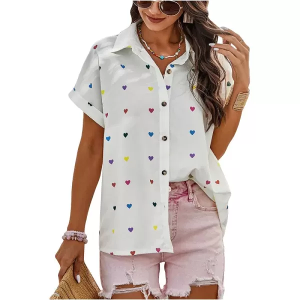 SweatyRocks Women's Heart Print Short Sleeve Button Down Shirt Top Collared Neck Summer Holiday Blouses