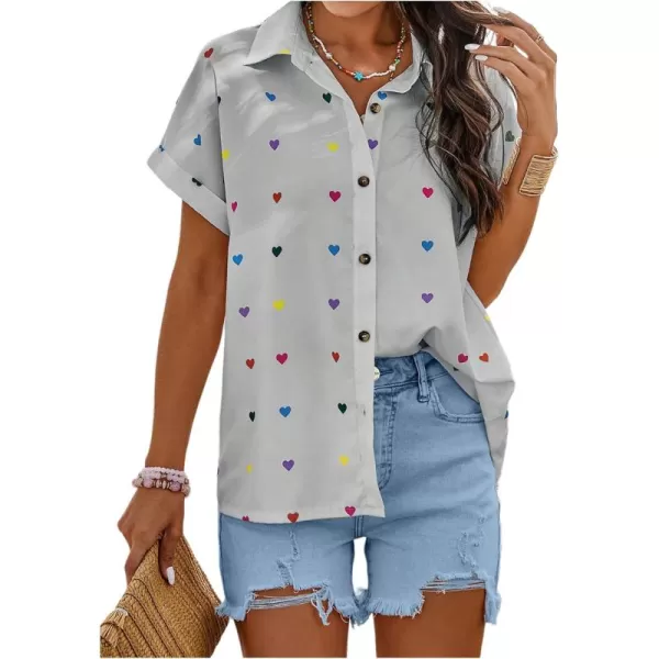 SweatyRocks Women's Heart Print Short Sleeve Button Down Shirt Top Collared Neck Summer Holiday Blouses