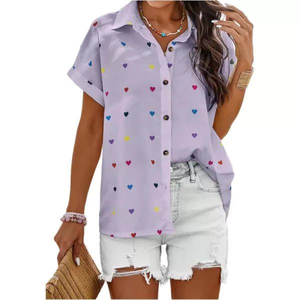 SweatyRocks Women's Heart Print Short Sleeve Button Down Shirt Top Collared Neck Summer Holiday Blouses