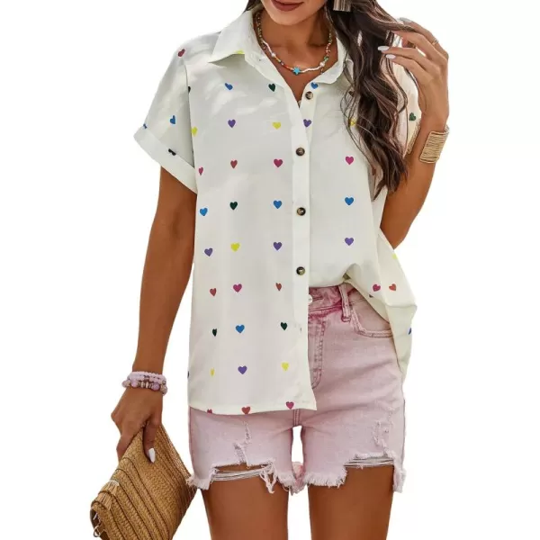 SweatyRocks Women's Heart Print Short Sleeve Button Down Shirt Top Collared Neck Summer Holiday Blouses