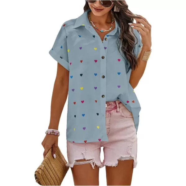 SweatyRocks Women's Heart Print Short Sleeve Button Down Shirt Top Collared Neck Summer Holiday Blouses