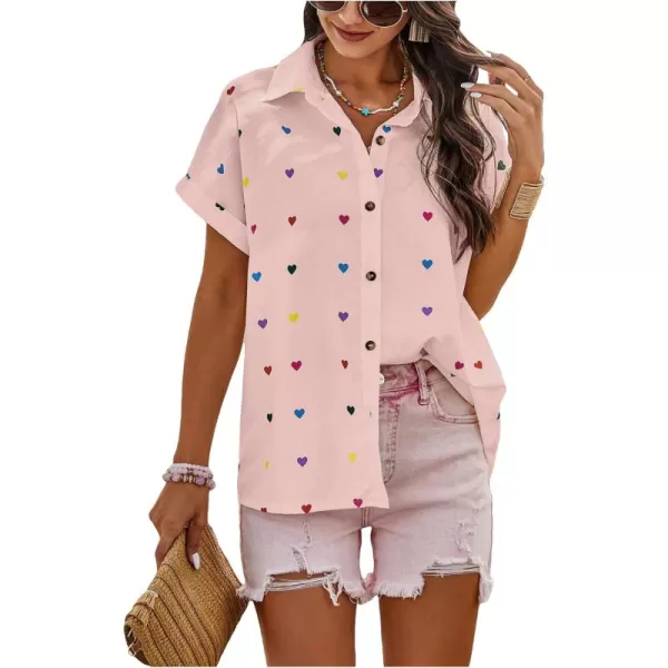 SweatyRocks Women's Heart Print Short Sleeve Button Down Shirt Top Collared Neck Summer Holiday Blouses