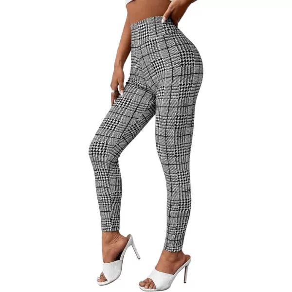 SweatyRocks Women's High Elastic Waisted Plaid Leggings Wide Waistband Stretchy Skinny Work Pants