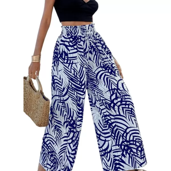 SweatyRocks Women's High Waist Belted Pockets Pants Graphic Print Wide Leg Loose Palazzo Pants Trousers