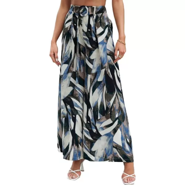 SweatyRocks Women's High Waist Belted Pockets Pants Graphic Print Wide Leg Loose Palazzo Pants Trousers
