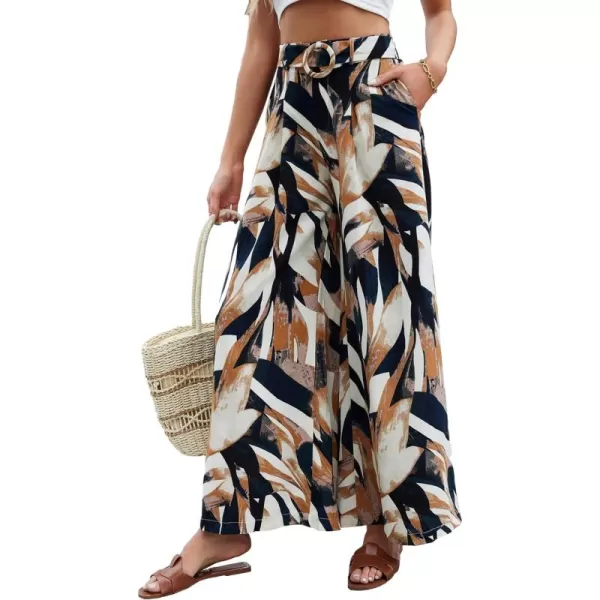 SweatyRocks Women's High Waist Belted Pockets Pants Graphic Print Wide Leg Loose Palazzo Pants Trousers