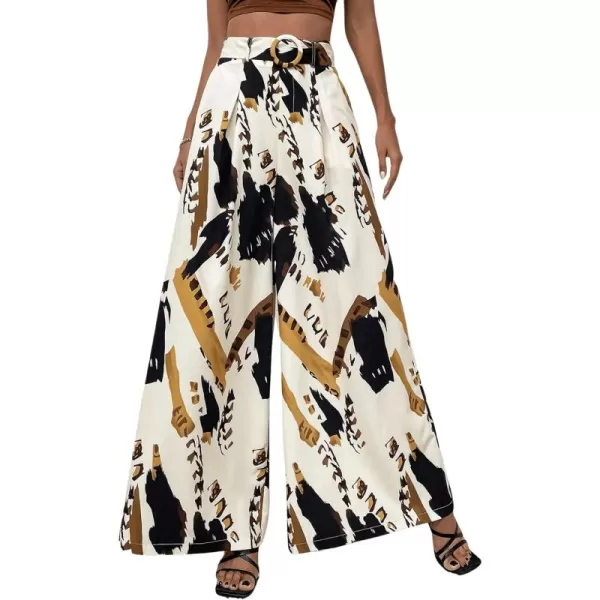 SweatyRocks Women's High Waist Belted Pockets Pants Graphic Print Wide Leg Loose Palazzo Pants Trousers